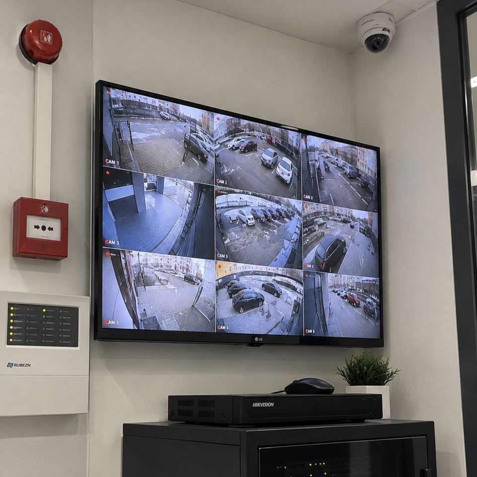 Пожарный извещатель и монитор видеонаблюдения на объекте