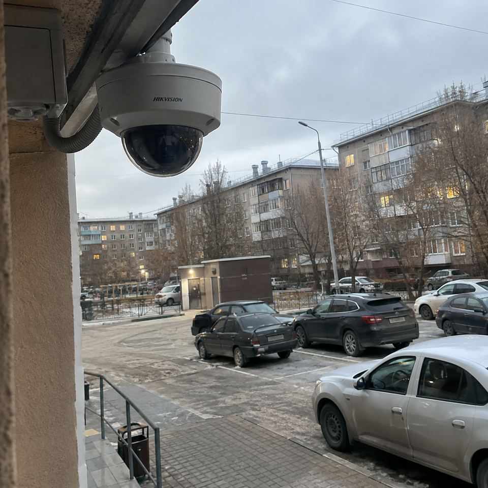 Купольная камера Hikvision над дворовой парковкой